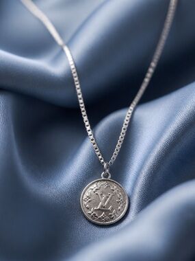 Upcycled LV Inspired Silver Coin Pendant Necklace - Silver